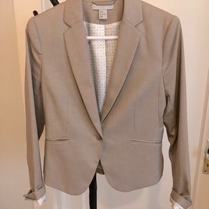 H&M Tan Taupe Woven Blazer with cute White and Navy Lining